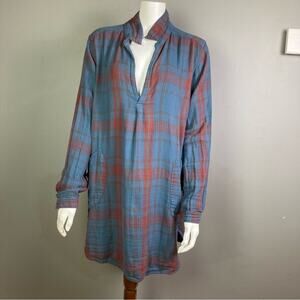 CP Shades + Free People dress large plaid cotton gauze chore shirt grunge blue
